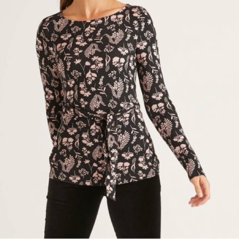 Boden Bernadette Blouse Top Jersey Pink and Black Fitted Tie Front Size 10
